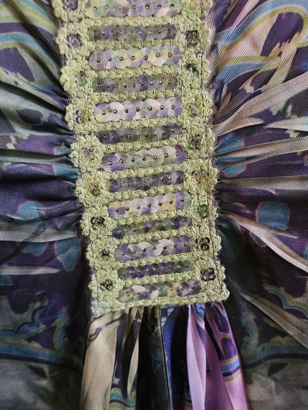 ONE WORLD Sleeveless V-Neck Blouse in Purple & Teal with Green Crochet Accent - Picture 3 of 4